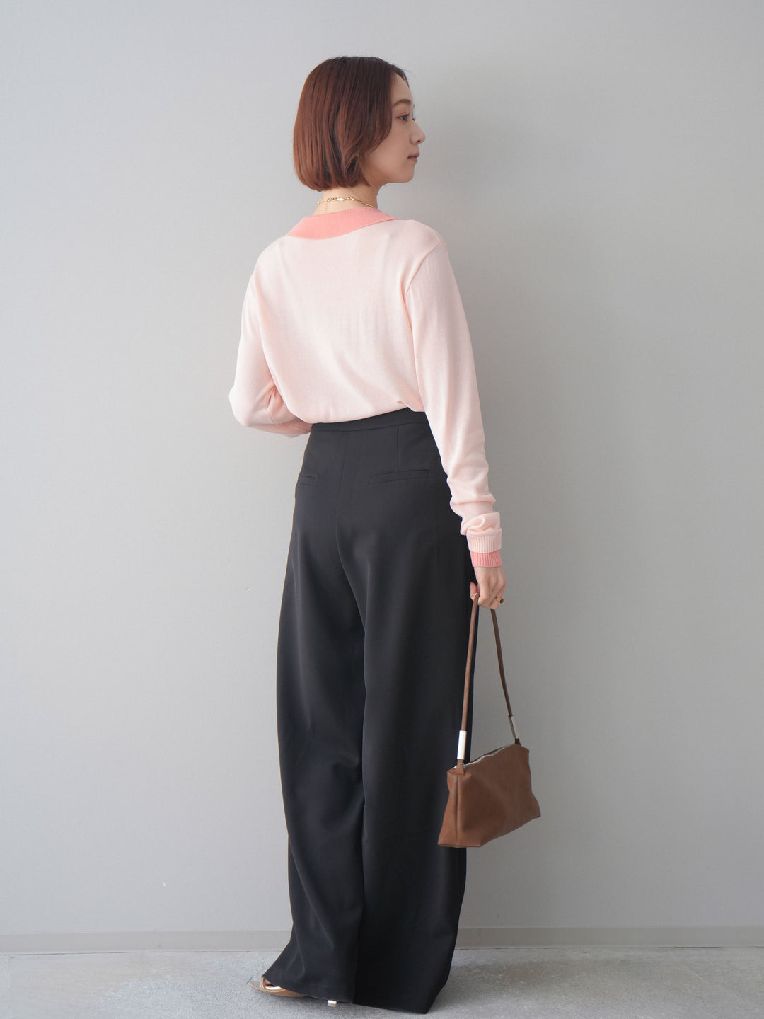 [SET]配色デザインシアーポロニット+ラッフルベルトワイドパンツ(2set)