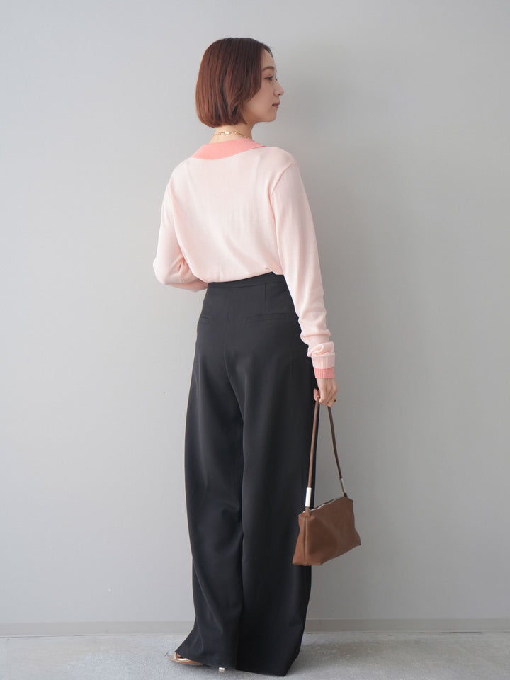 [SET]配色デザインシアーポロニット+ラッフルベルトワイドパンツ(2set)