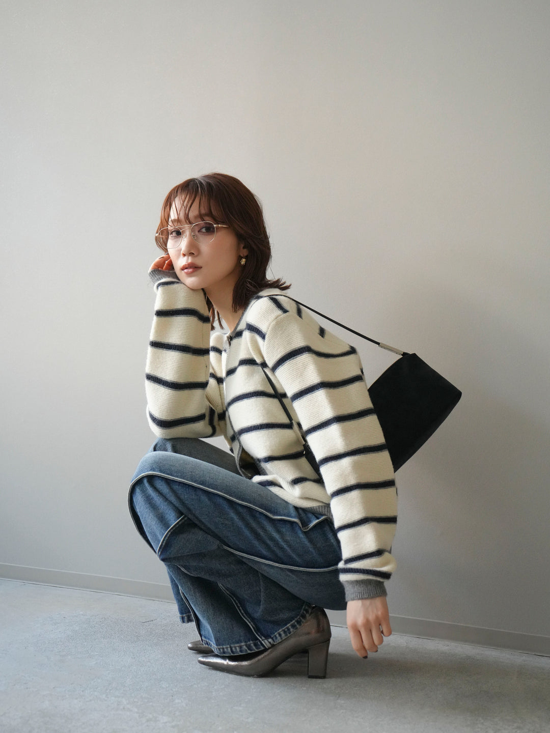 [予約]配色ボーダーニットカーディガン/apricot