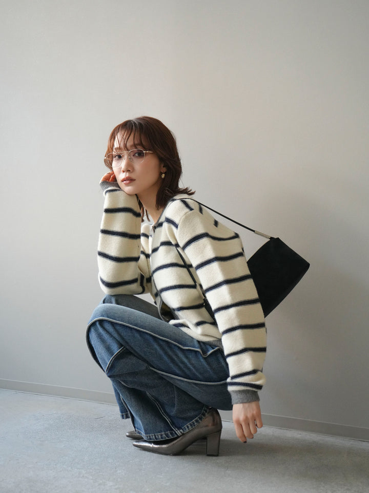 [予約]配色ボーダーニットカーディガン/apricot