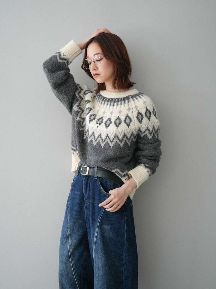 [予約]ノルディック柄ニットプルオーバー/gray