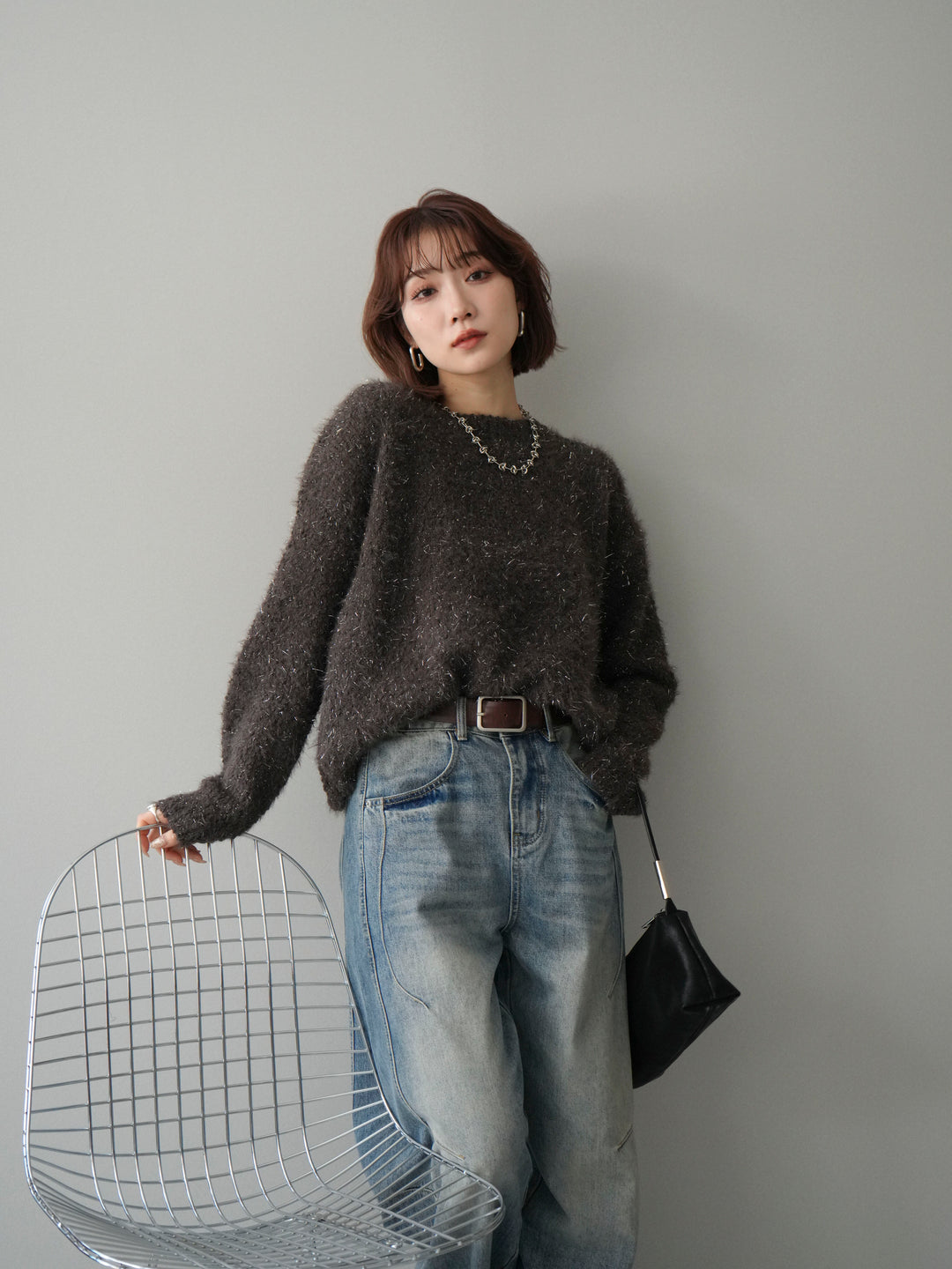 [予約]モールラメミックスヤーンニットプルオーバー/brown