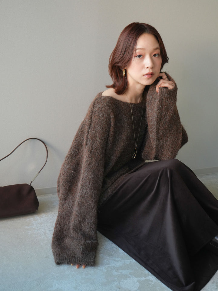 [SET]透かしデザインニットプルオーバー+ベルベットナロースカート(2set)