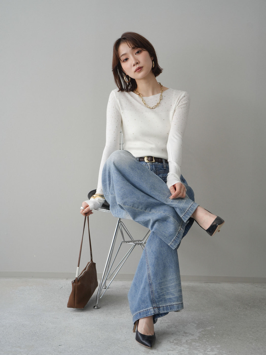 [SET]スパンコールシアーニットトップス+選べるアクセセット(2set)