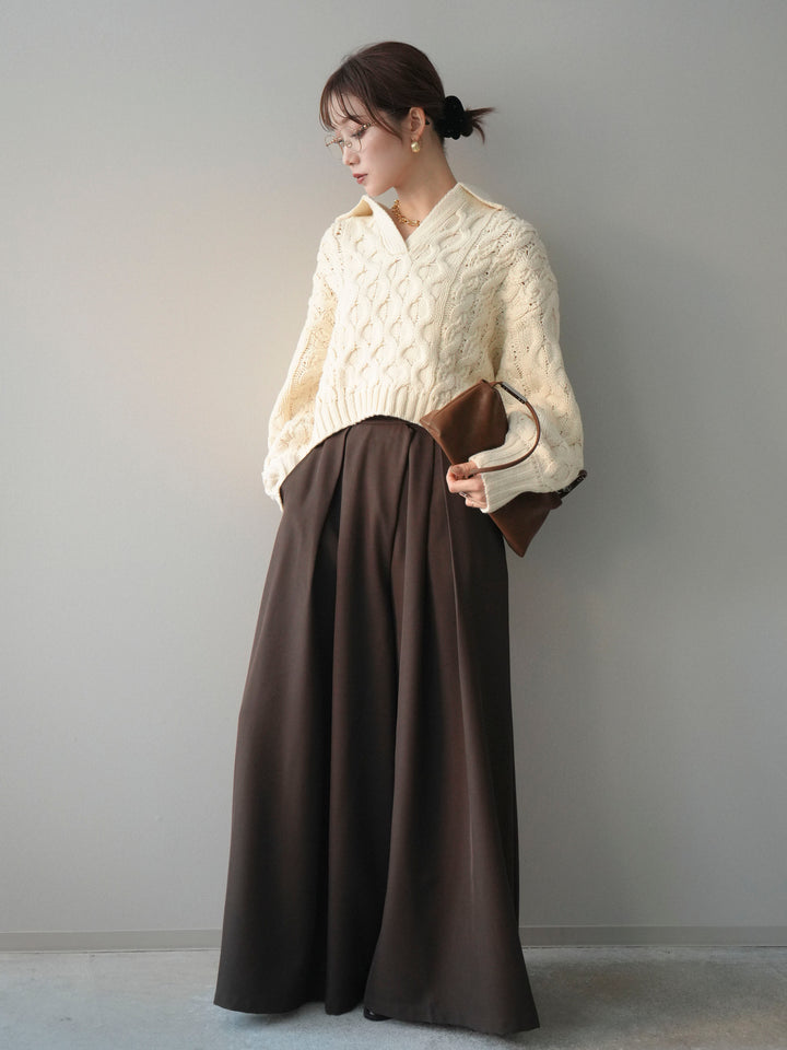 [SET]バルキーケーブルクロップド開襟プルオーバー+テープベルトタックバギーパンツ(2set)