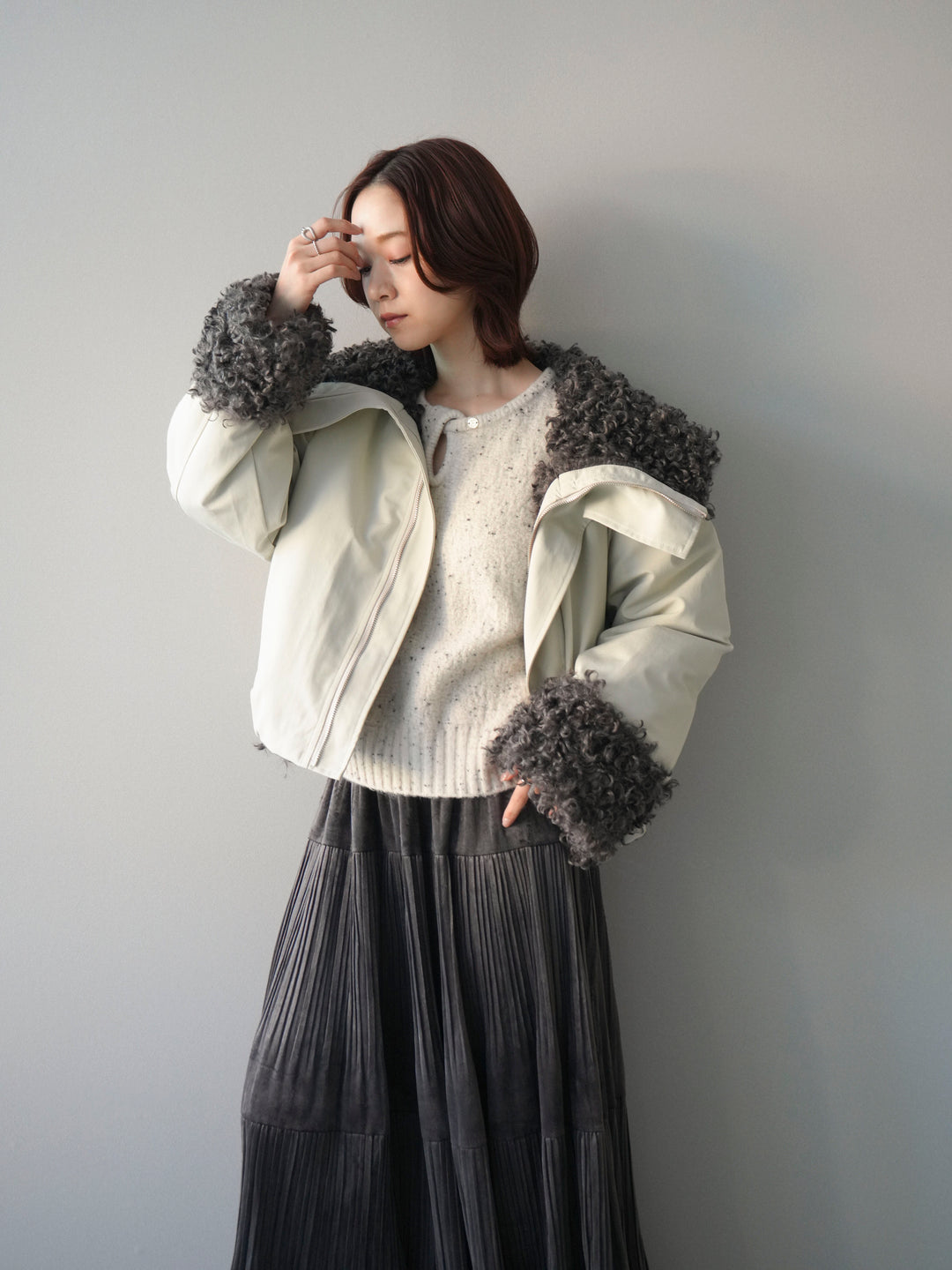 [SET]プードルファーダウンジャケット+ベロアティアードワッシャースカート(2set)