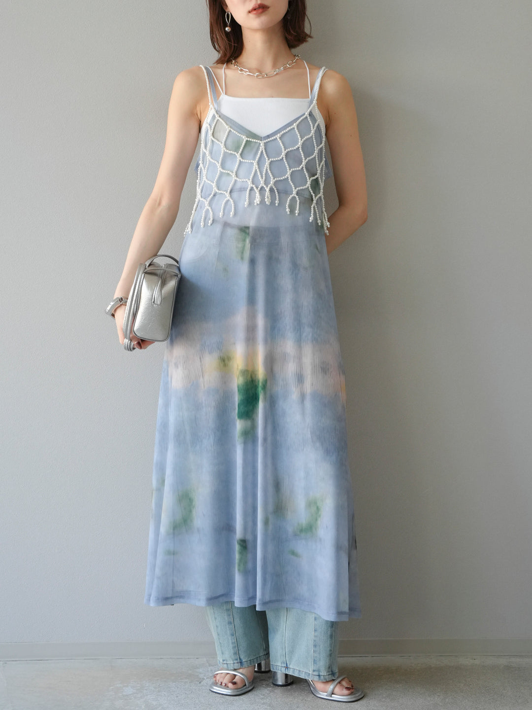 [予約タイダイ柄シアーキャミワンピース/サックス