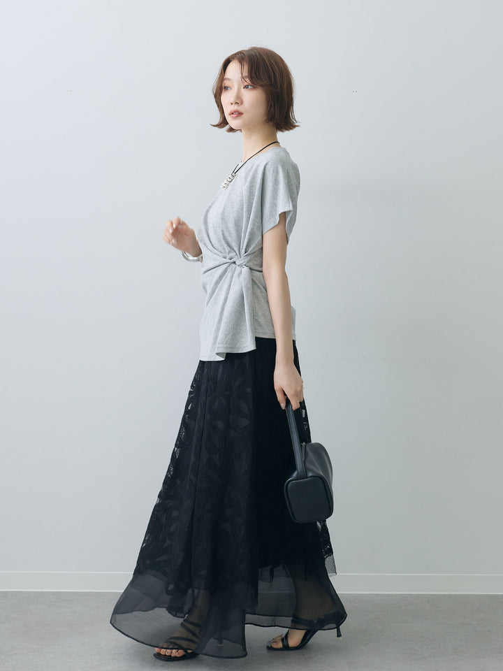 [SET]サイドノットTEE+フラワーレースレイヤードスカート(2set)