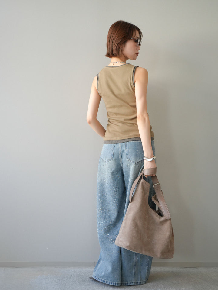 [SET]配色リブヘンリータンクトップ+ウエストベルトビジューワイドデニムパンツ(2set)