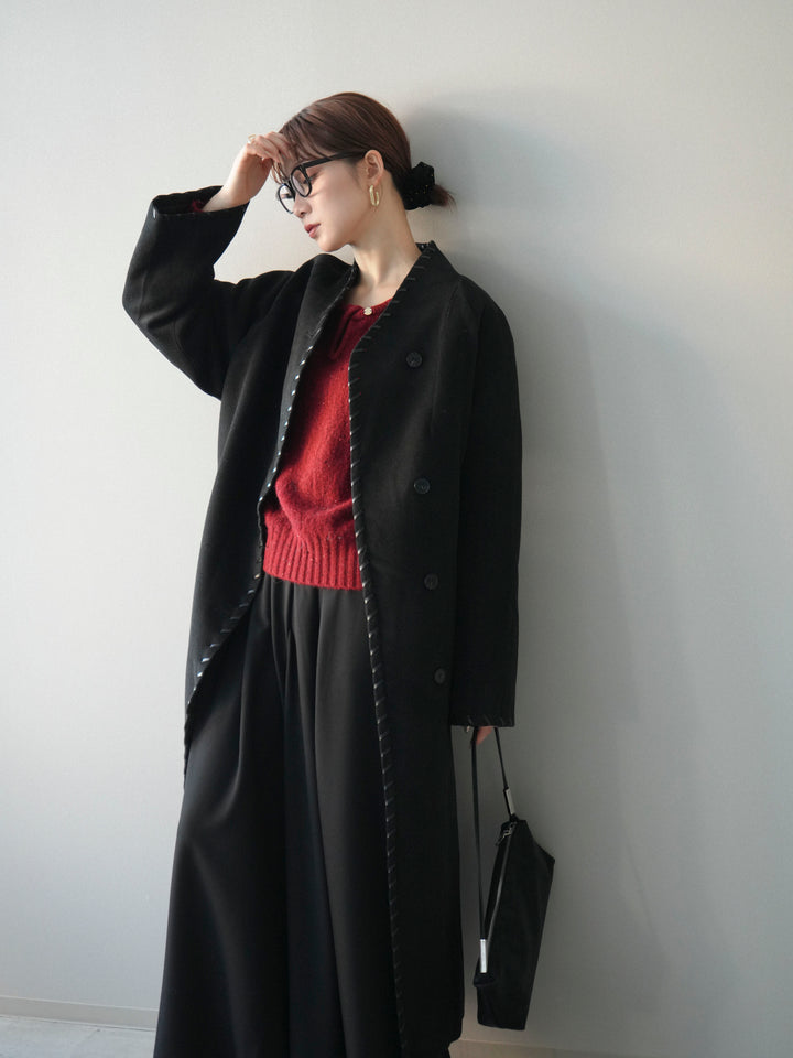 [SET]ハンドステッチ裏中綿ロングコート+ツイストネックラメネップヤーンニットプルオーバー(2set)