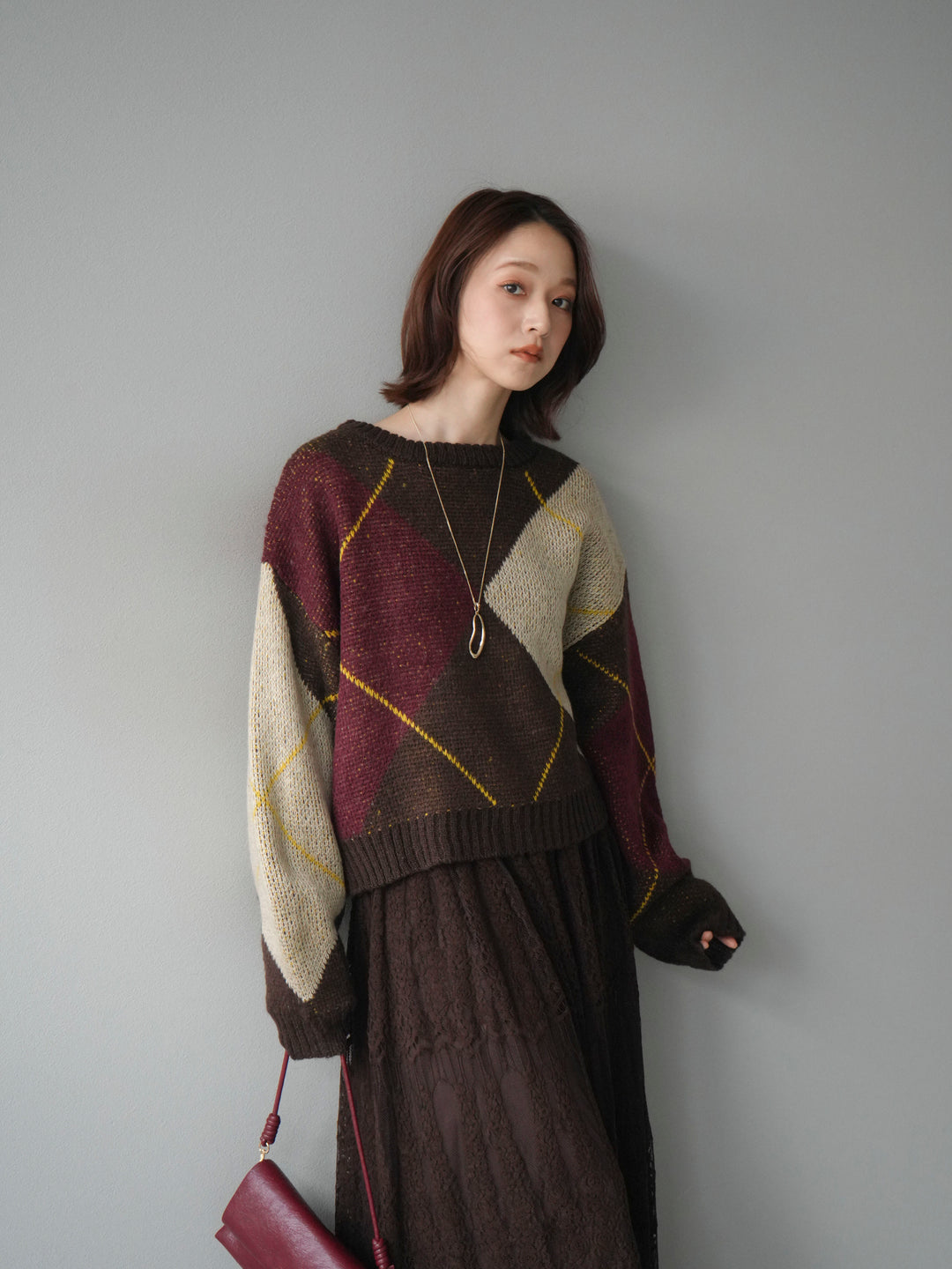 [SET]配色ステッチアーガイル柄ニットプルオーバー+ヴィンテージライクメッシュレーススカート(2set)