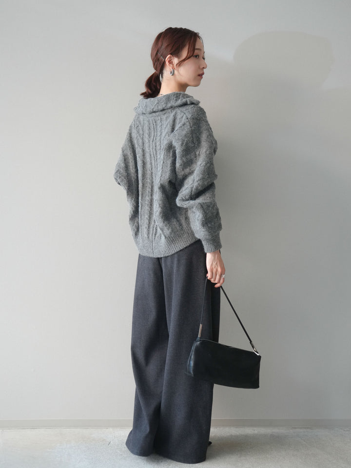 [SET]ケーブル編みハイネックZIPニットカーディガン+アニマル柄ベルト付きウールタッチワイドパンツ(2set)