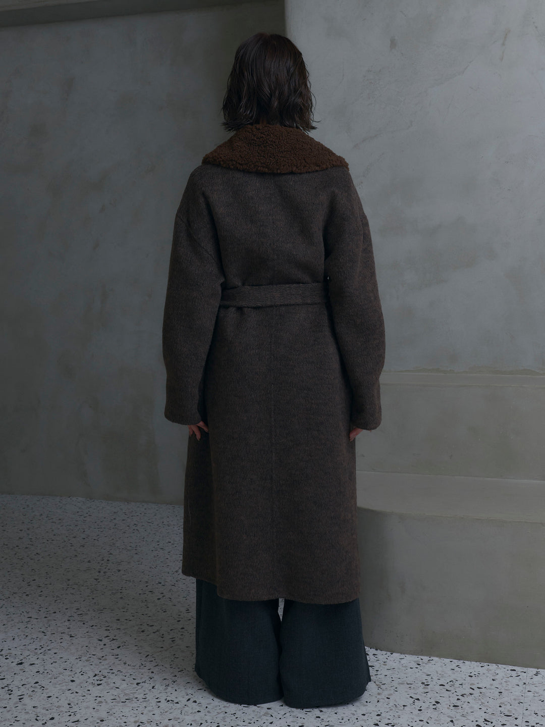 [予約]ボア襟ウールロングコート/brown