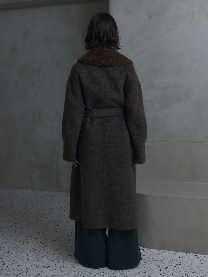 [予約]ボア襟ウールロングコート/brown