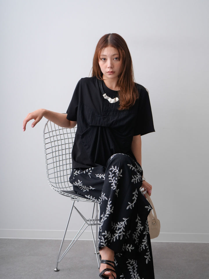 [SET]ラッフルドッキングTEE+リーフプリントタックワイドパンツ(2set)