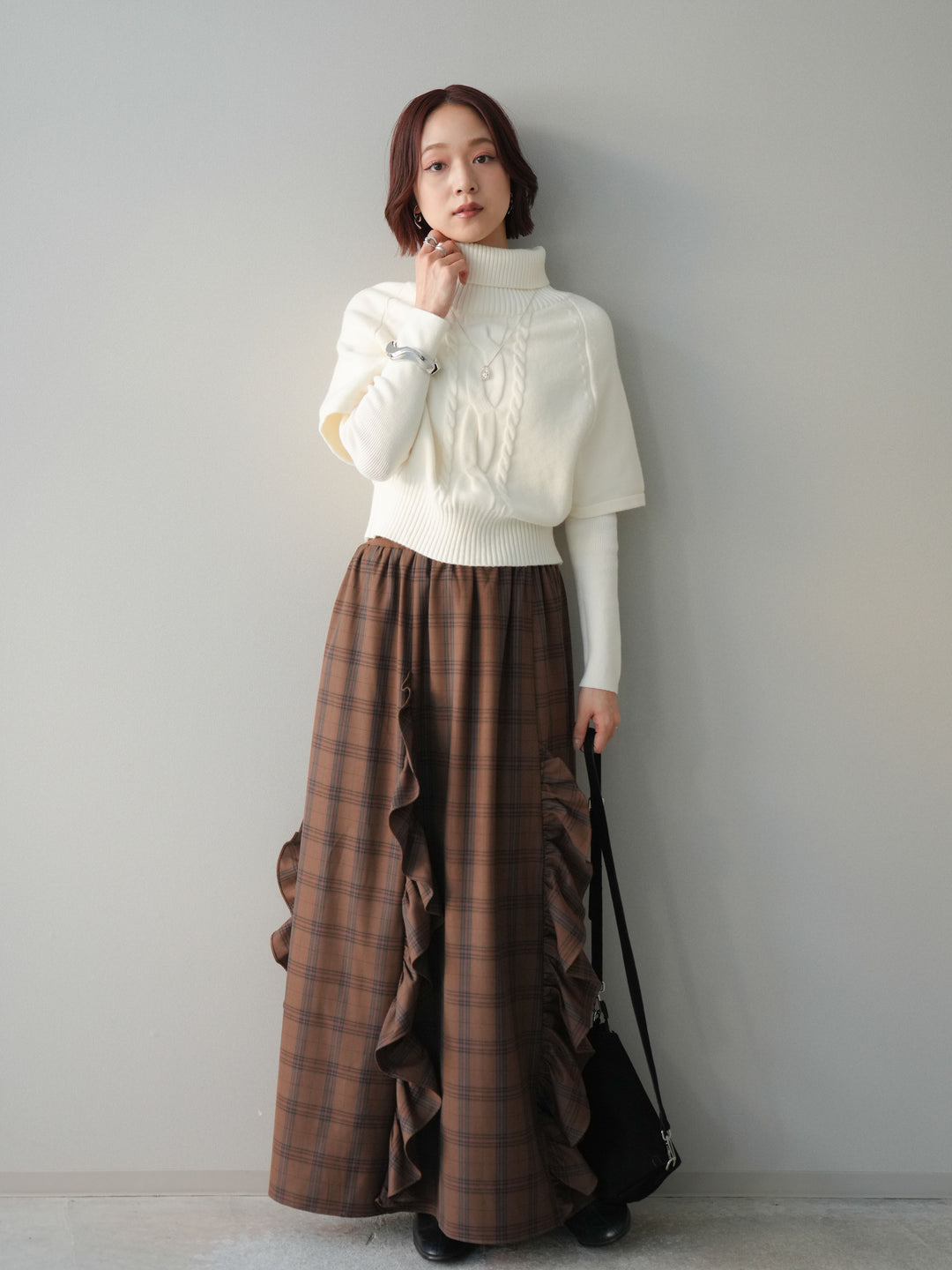 [予約]チェック柄フリルハイウエストマキシスカート/lightbrown