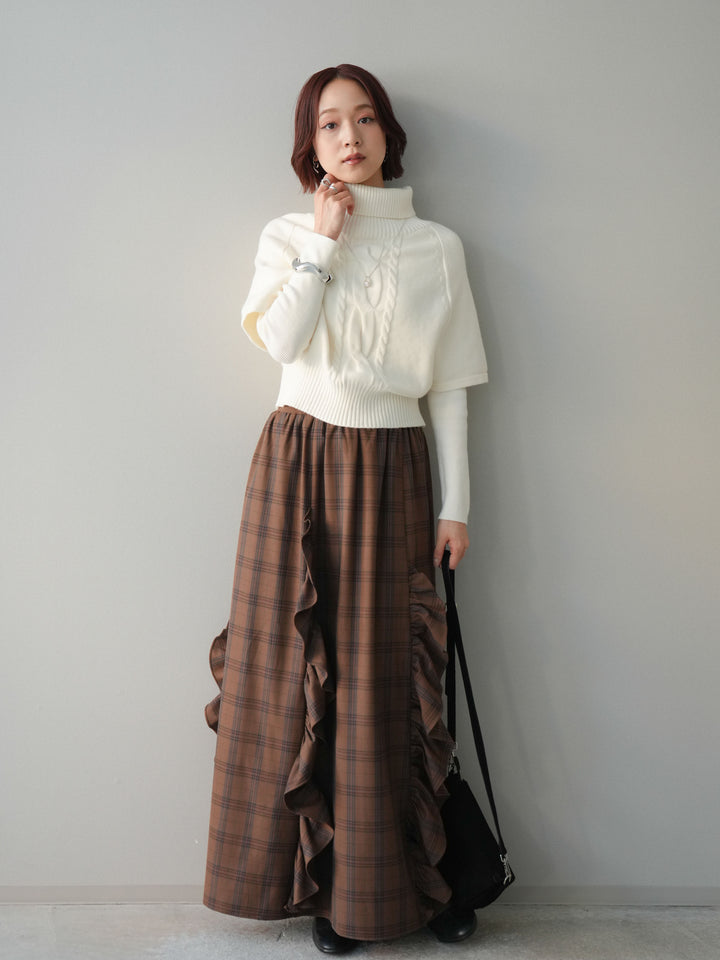 [予約]チェック柄フリルハイウエストマキシスカート/lightbrown