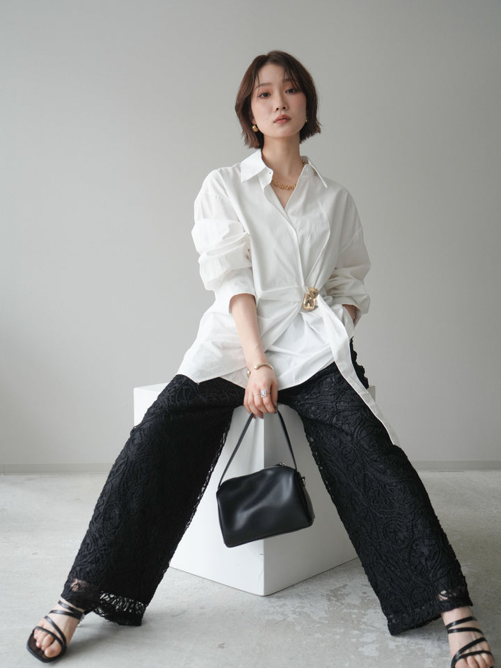 [SET]メタルパーツドレープシャツ+シアーコードレースイージーパンツ(2set)