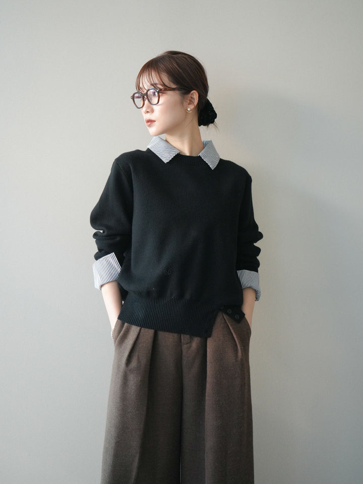 [予約]シャツドッキングデザイン裾ボタンニットプルオーバー/black