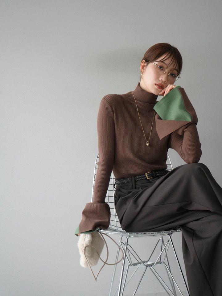 [SET] 疊層喇叭袖高領針織上衣 + 雙褶寬褲 (2 套)