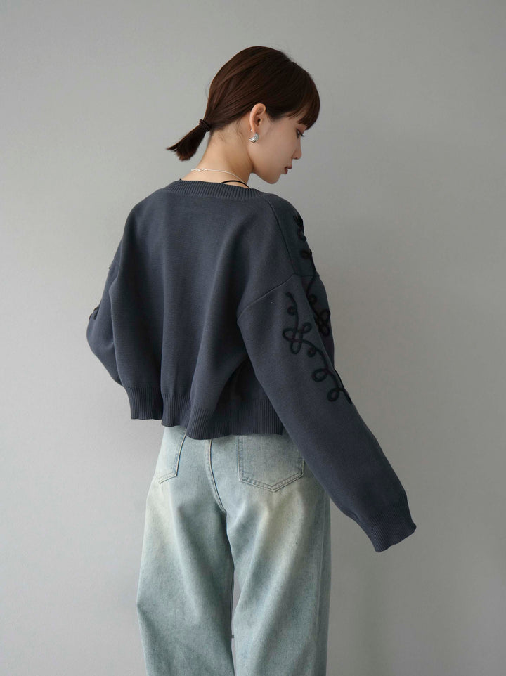 [SET]コード刺繍コットンニットジップカーディガン+ダブルストラップカットリブブラキャミソール+ベルトアシンメトリーダメージデニム(3set)