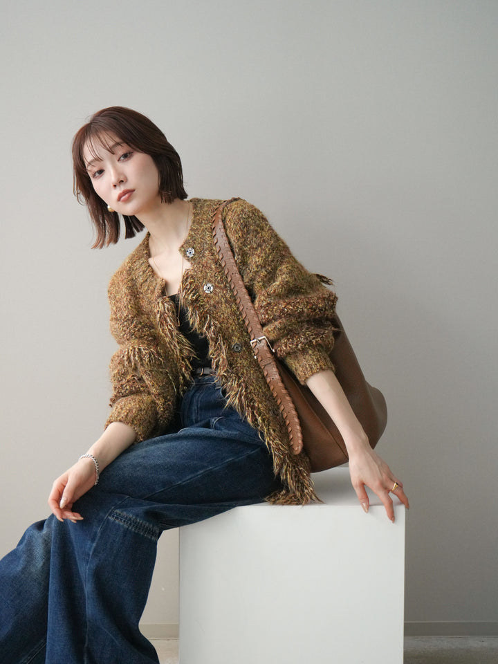 [SET]ミックスヤーンフリンジデザインニットジャケット+裏起毛加工デニムカーブパンツ(2set)