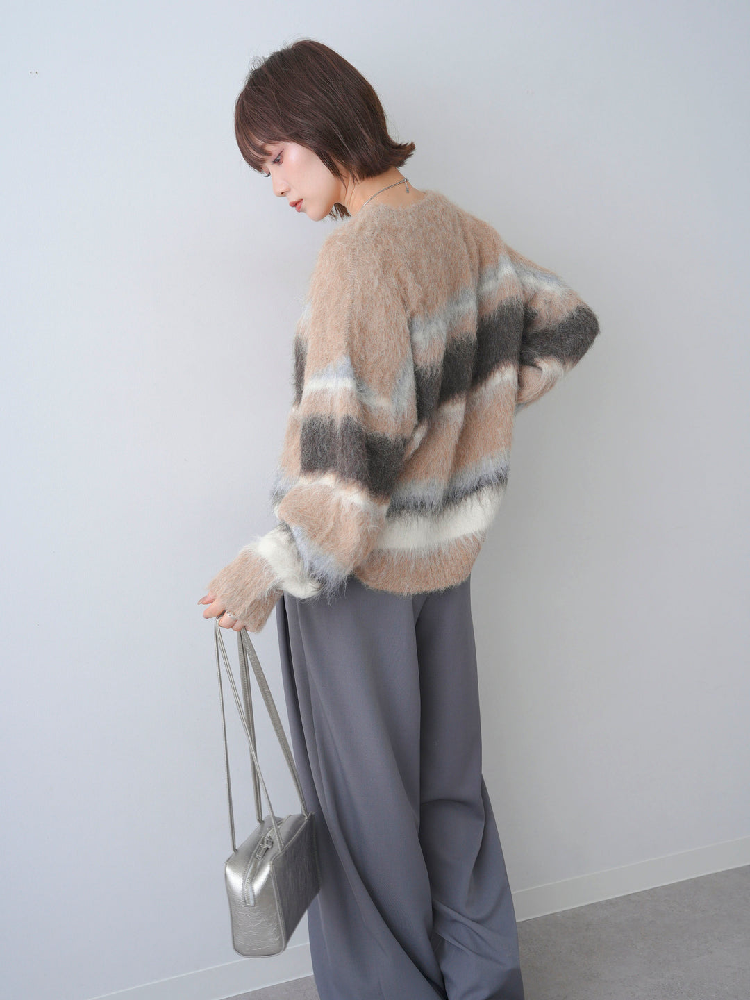 [SET]カラフルボーダーシャギーニットプルオーバー+ベルトループデザインワイドパンツ(2set)