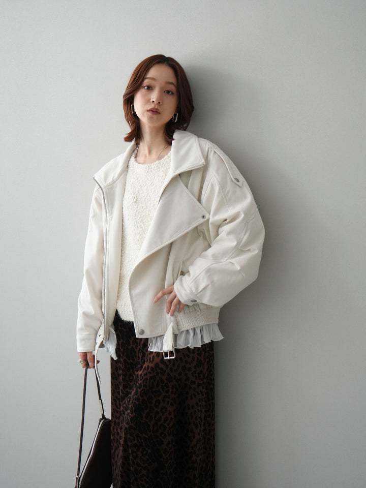[SET]コーデュロイライダース裾レースブルゾン+モールラメミックスヤーンニットプルオーバー+レオパードベロアナロースカート(3set)