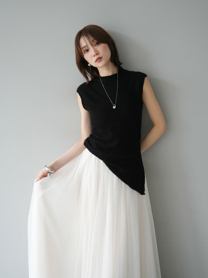 [SET]ブークレアシメニットノースリーブトップス+チュールボリュームスカート(2set)
