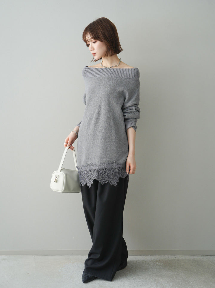 [SET]アシンメトリーレースヘムニットプルオーバー+ベルト付キーホルダーモチーフワイドパンツ(2set)
