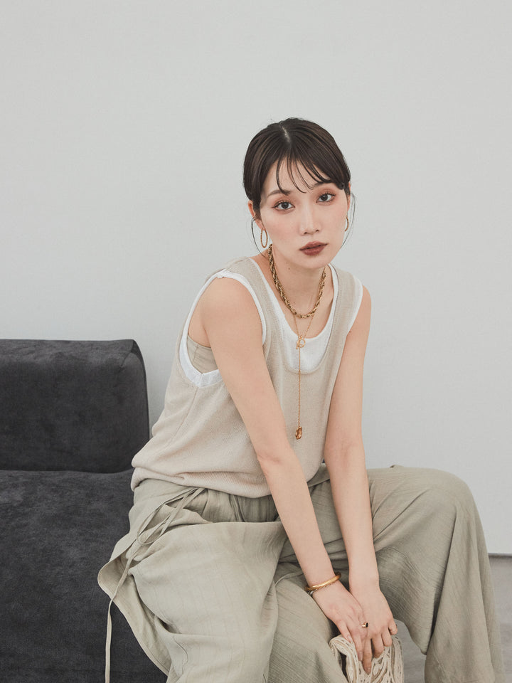 [SET]バイカラーレイヤードニットタンクトップ+ワッシャーサテンレイヤードスカートパンツ(2set)