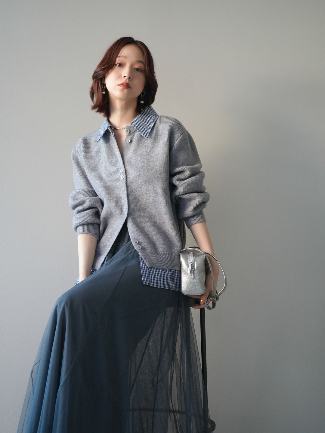 [SET]チェックシャツ襟ニットカーディガン+チュールボリュームスカート(2set)