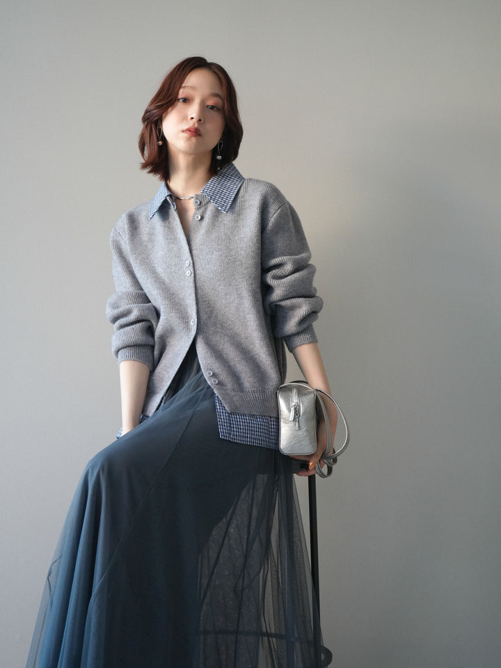 [SET]チェックシャツ襟ニットカーディガン+チュールボリュームスカート(2set)