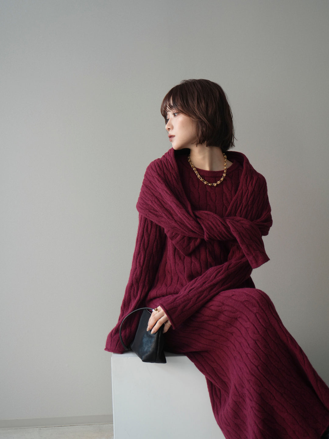 [SET]ストール付ケーブルニットプルオーバー&ロングスカートSET UP(2set)