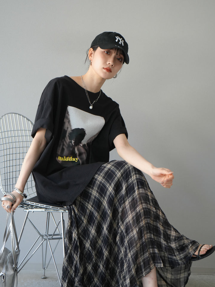 [SET]ネオンロゴフォトプリントBIG Tシャツ+シアーチェックアシンメトリーワッシャースカート(2set)