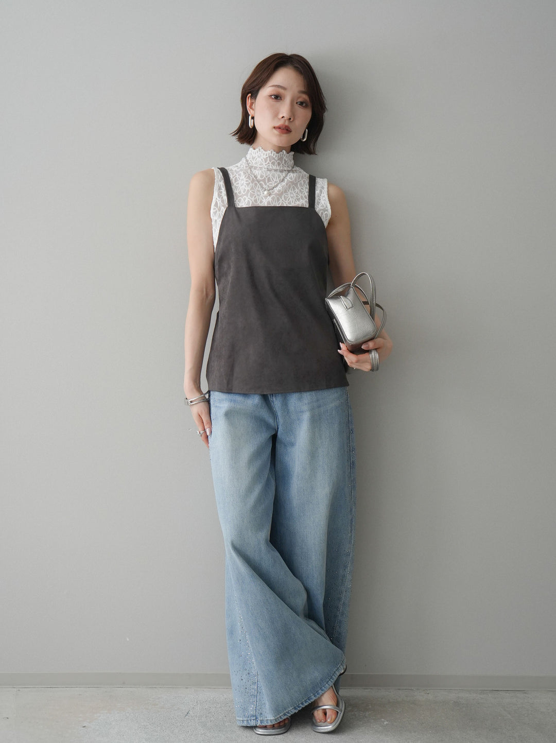 [予約]サイドビジューワイドデニムパンツ/lightblue