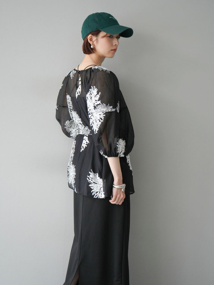 [SET]刺繍シアーバルーンスリーブブラウス+スウェットロングスカート(2set)