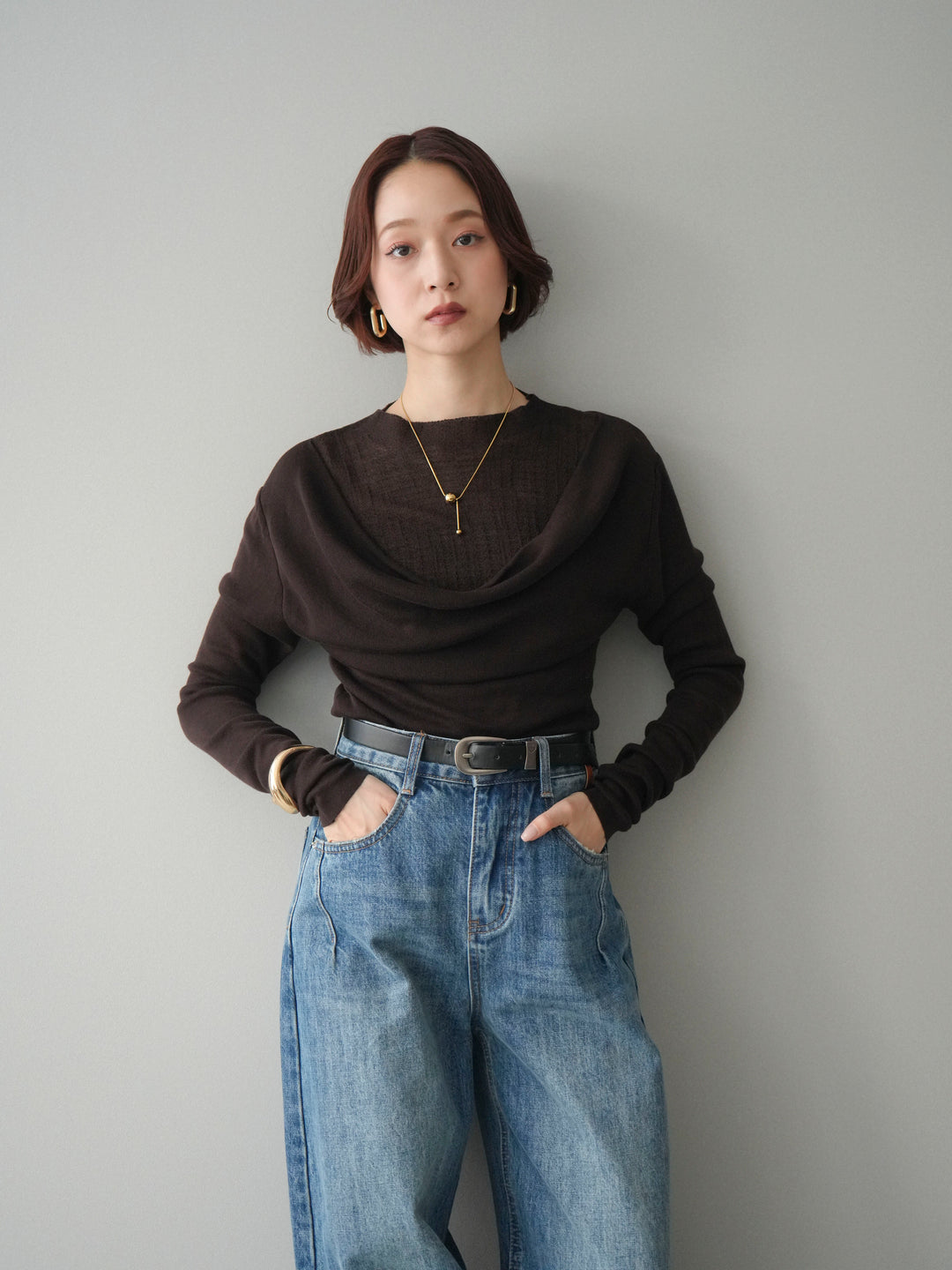 [予約]ボトルネックドレープレイヤードニットトップス/brown