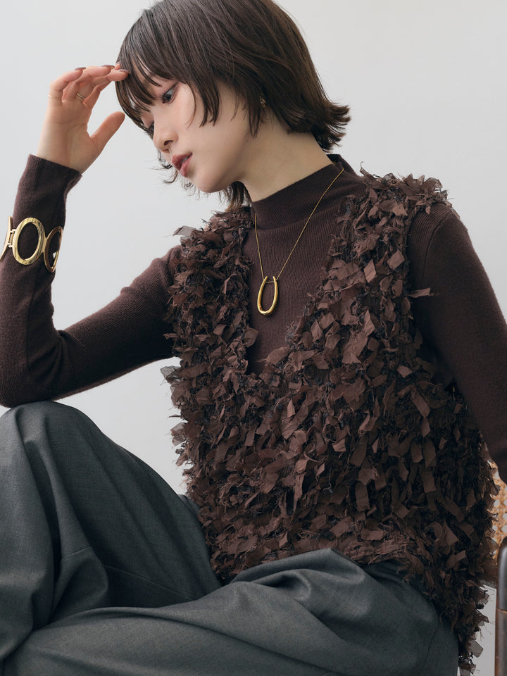 [SET]リボンフリンジベスト+モックネックリブスリムニットトップス+ベルトデザインツータックドレープワイドパンツ(3set)