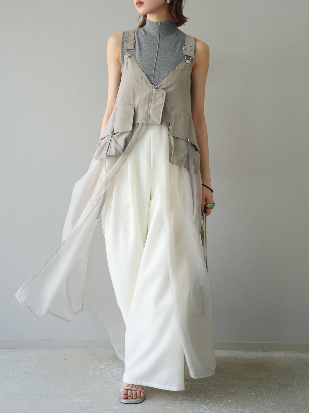 [SET] 戰術背心歐根紗洋裝 + 麻質寬鬆寬褲 (2 件套)