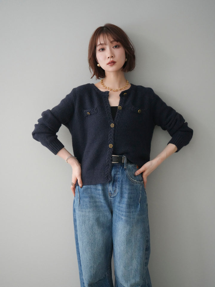 [予約]編みこみアンティークボタンニットカーディガン/navy