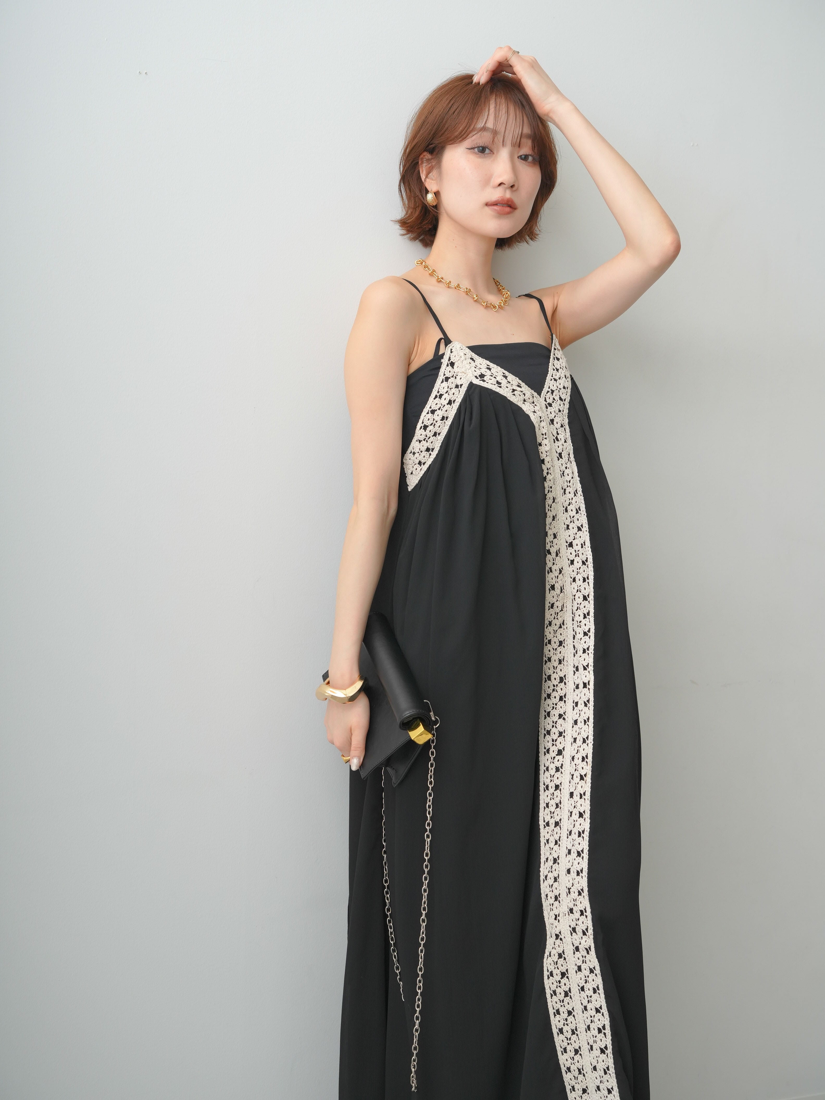 Lumier レースキャミワンピース ロング丈 予約]センタークロシェレースキャミワンピース/black – Lumier