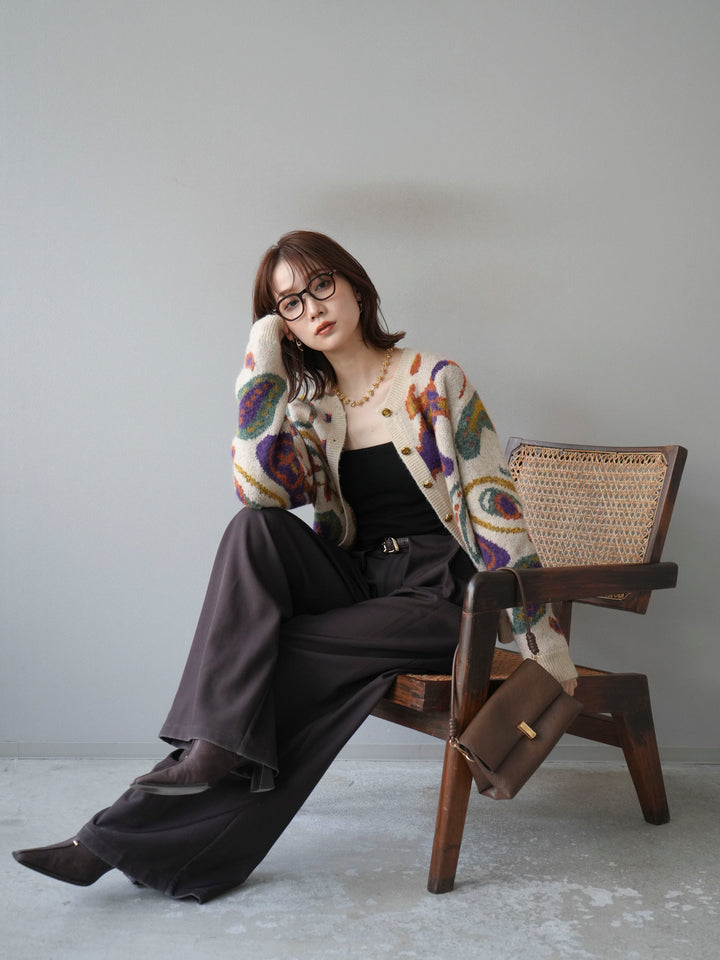 【着回しセット】[SET]求心柄クロップドニットカーディガン+ミックスヤーンペイズリー柄ニットカーディガン+ベルトループデザインワイドパンツ(3set)