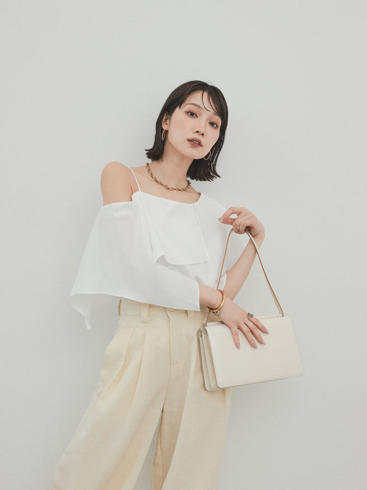 [SET]ワンショルラッフルブラウス+リネンタッチタックワイドパンツ (2set)