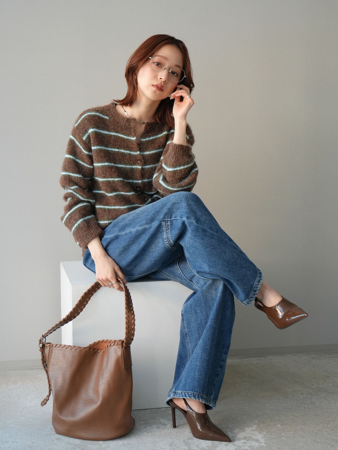[予約]ボーダーシャギーニットカーディガン/brown