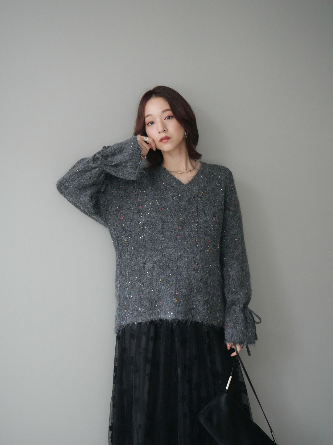 [SET]キャンディースリーブカラーネップスパンコールニットプルオーバー+フラワーフロッキーチュールプリーツスカート(2set)