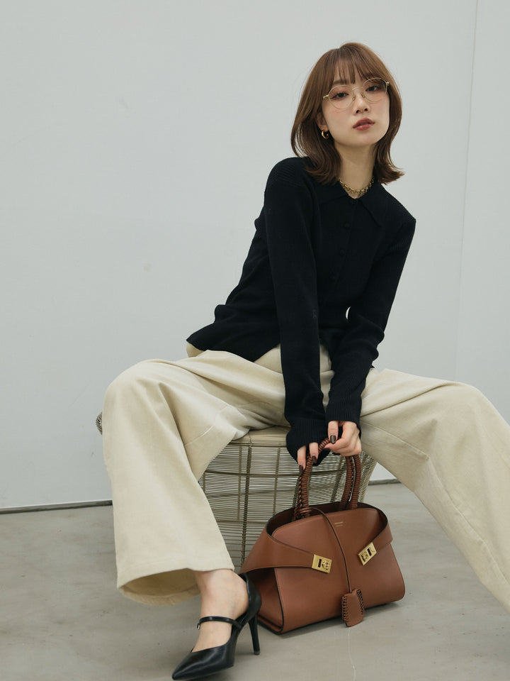 [予約]くるみボタンポロリブニットトップス/black