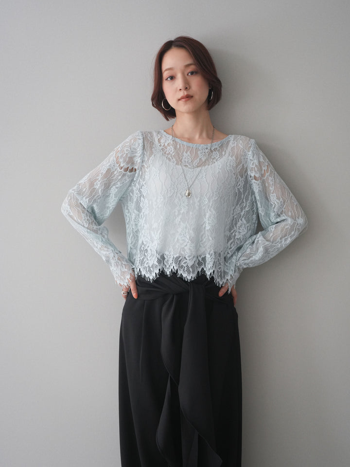 [SET]2WAYスリーブレーストップス+ラッフルベルトワイドパンツ(2set)