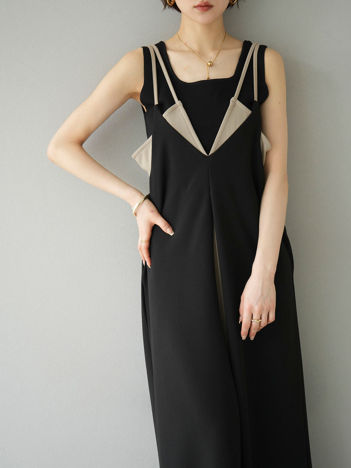 SET]バイカラーレイヤードデザインキャミワンピース+スクエア