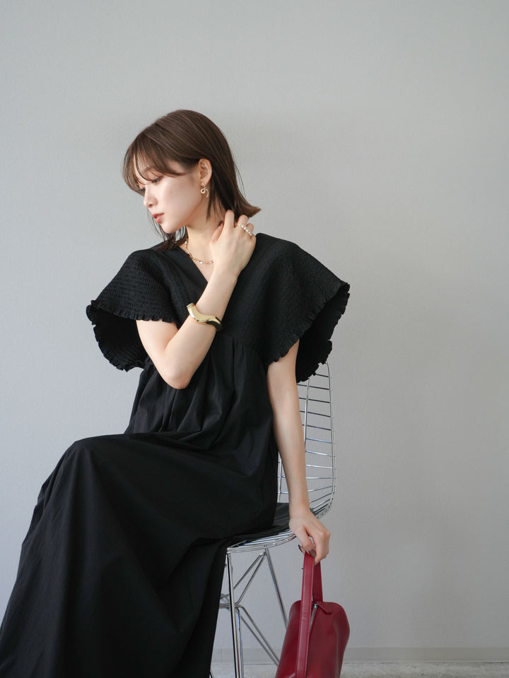 [SET] 褶皺V領連身裙 + 褶皺V領連身裙 (2件套)